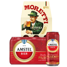 Amstel pilsener of Amstel Blond
tray van 6 flesjes/blikken à 30/33 cl,
tray van 24 blikken à 50 cl of blik à 50 cl
of Birra More